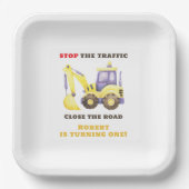 Verjaardagsfeest van de bouwtruckgraafmachine papieren bordje (Voorkant)
