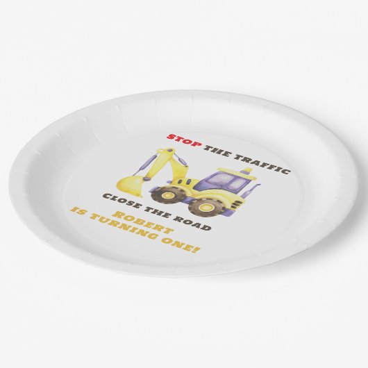 Verjaardagsfeest van de bouwtruckgraafmachine papieren bordje (Gekanteld)