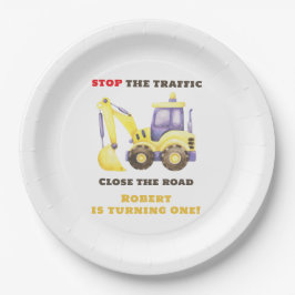 Verjaardagsfeest van de bouwtruckgraafmachine papieren bordje