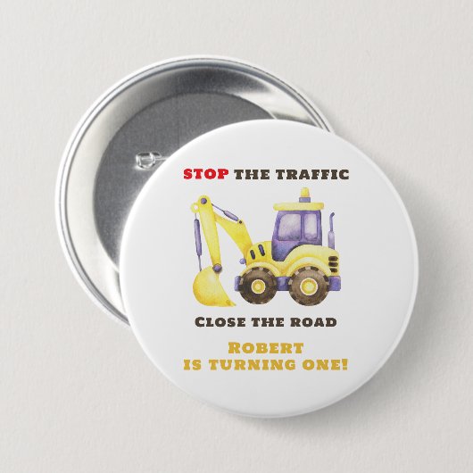 Verjaardagsfeest van de bouwtruckgraafmachine ronde button 7,6 cm (Voorkant /achterkant)