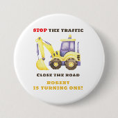 Verjaardagsfeest van de bouwtruckgraafmachine ronde button 7,6 cm (Voorkant)