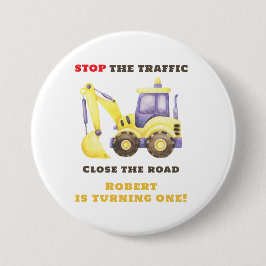 Verjaardagsfeest van de bouwtruckgraafmachine ronde button 7,6 cm