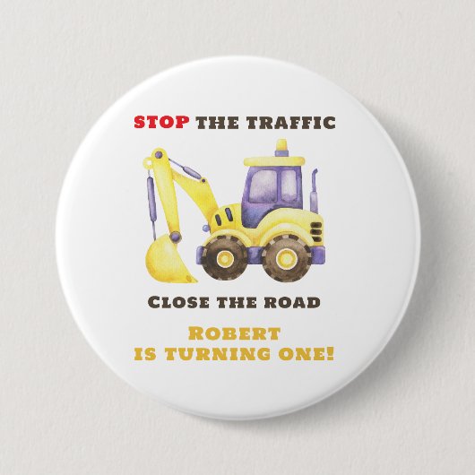 Verjaardagsfeest van de bouwtruckgraafmachine ronde button 7,6 cm (Voorkant)