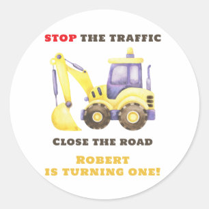 Verjaardagsfeest van de bouwtruckgraafmachine ronde sticker