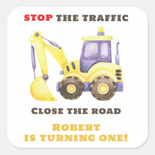 Verjaardagsfeest van de bouwtruckgraafmachine vierkante sticker