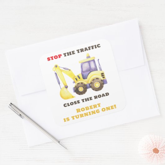 Verjaardagsfeest van de bouwtruckgraafmachine vierkante sticker (Envelop)