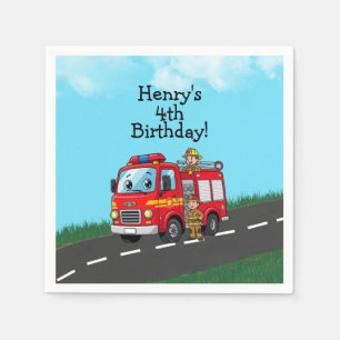 Verjaardagsfeest van de brandweerwagen in kind servet