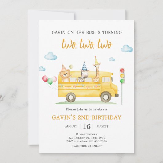 Verjaardagsfeest van de dierenschoolbus kaart (Voorkant)