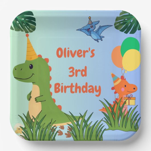 Verjaardagsfeest van de dinosaurus - Schattige din Papieren Bordje (Voorkant)