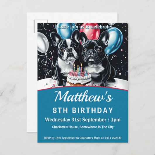 Verjaardagsfeest van de Franse Bulldog Uitnodiging Briefkaart (Voorkant / Achterkant)