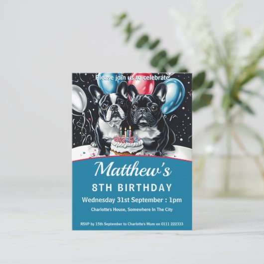Verjaardagsfeest van de Franse Bulldog Uitnodiging Briefkaart (Staand voorkant)