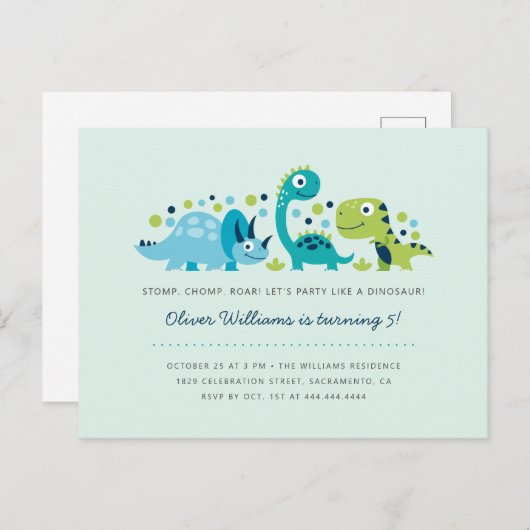 Verjaardagsfeest van de Schattigee Jurassic Dinosa Uitnodiging Briefkaart (Voorkant / Achterkant)