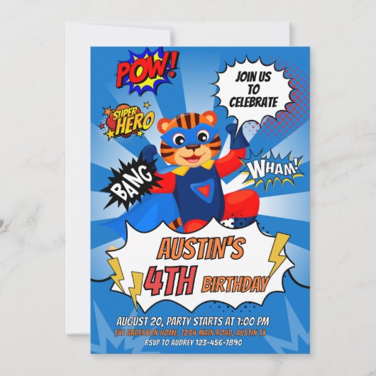 Verjaardagsfeest van de superheld Tiger Kaart (Voorkant)