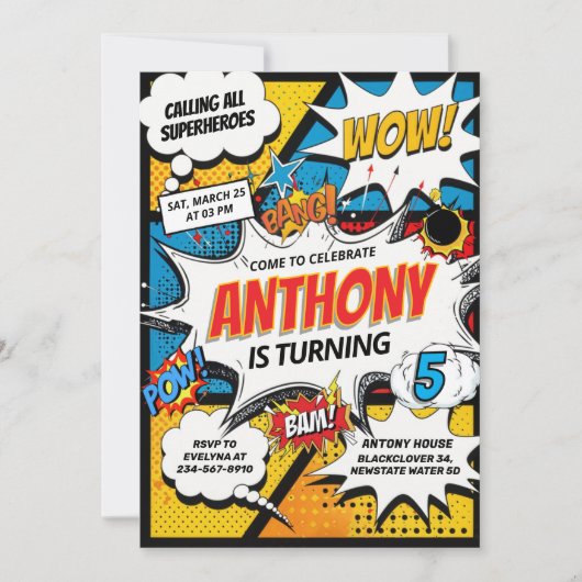 Verjaardagsfeest van de superhelden kaart (Voorkant)