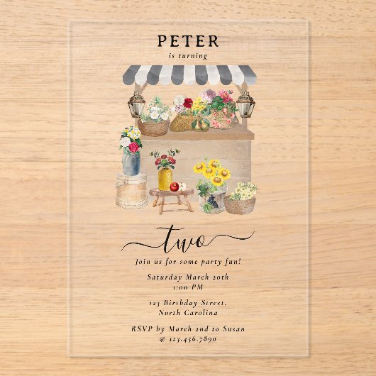 Verjaardagsfeest van de waterverf Bloemenmarkt Acryl Uitnodigingen (Voorkant)