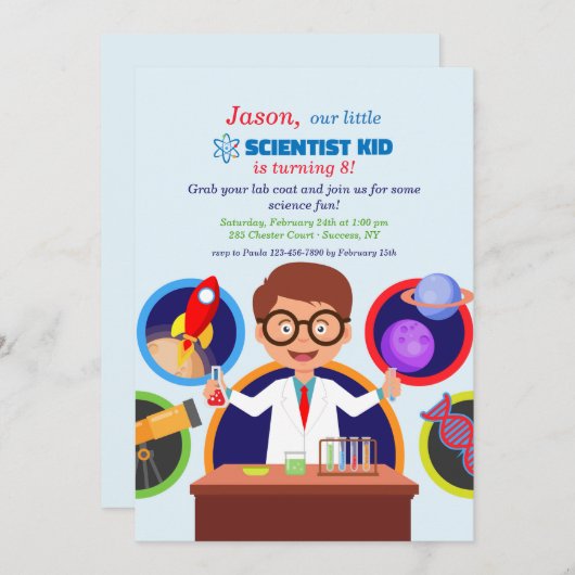 Verjaardagsfeest van het Scientist Kind Kaart (Voorkant / Achterkant)