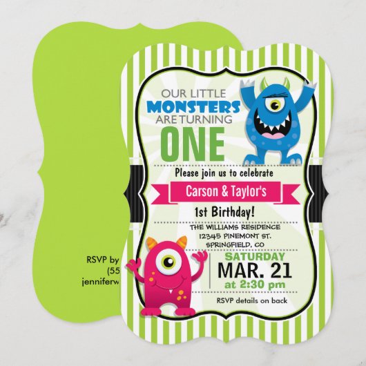 Verjaardagsfeest van Twin Monsters Kaart (Voorkant / Achterkant)