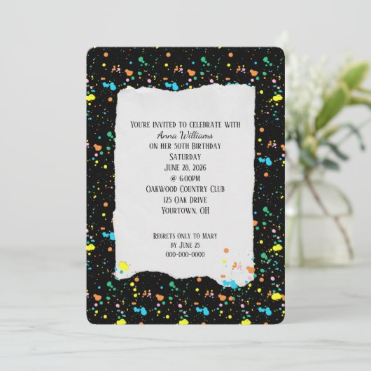 Verjaardagsfeest Verf Spletters Uitnodiging (Staand voorkant)
