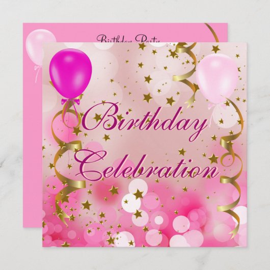 Verjaardagsfeest Viering Roze Gouden Sterren Ballo Kaart (Voorkant / Achterkant)