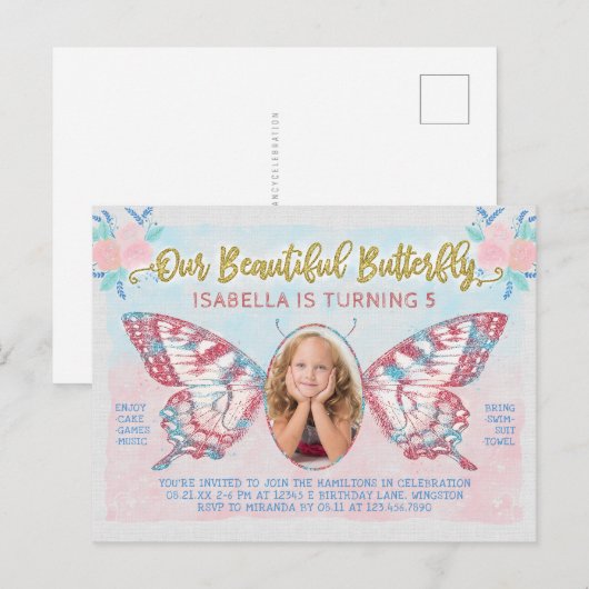 Verjaardagsfeest Vlinderfoto Meisjes Schattige Kin Uitnodiging Briefkaart (Voorkant / Achterkant)