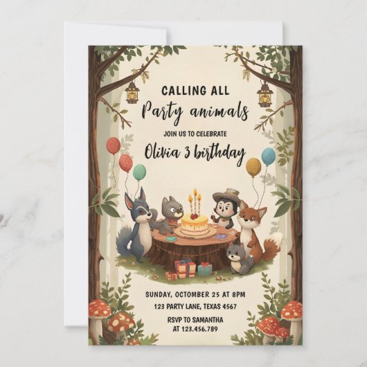Verjaardagsfeest voor bosdieren kaart (Voorkant)