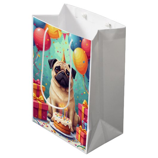 Verjaardagsfeest voor Pug Medium Cadeauzakje (Voorkant Gekanteld)