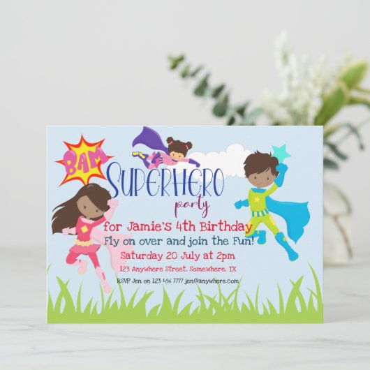 Verjaardagsfeest voor superhelden jongen/meisje kaart (Staand voorkant)