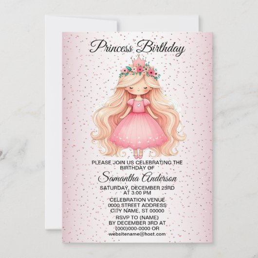 Verjaardagsfeest Waterverf Roze Prinses Schattige Kaart (Voorkant)