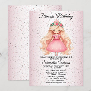 Verjaardagsfeest Waterverf Roze Prinses Schattige Kaart