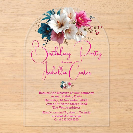 Verjaardagsfeest Wit Blauw Roze Bloemen Acryl Uitnodigingen (Voorkant)