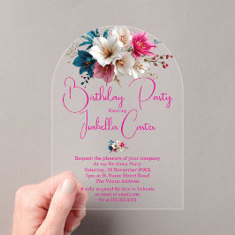 Verjaardagsfeest Wit Blauw Roze Bloemen Acryl Uitnodigingen