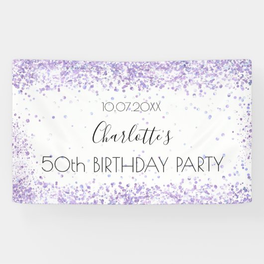 Verjaardagsfeest witte violette lavendelnaam spandoek (Horizontaal)