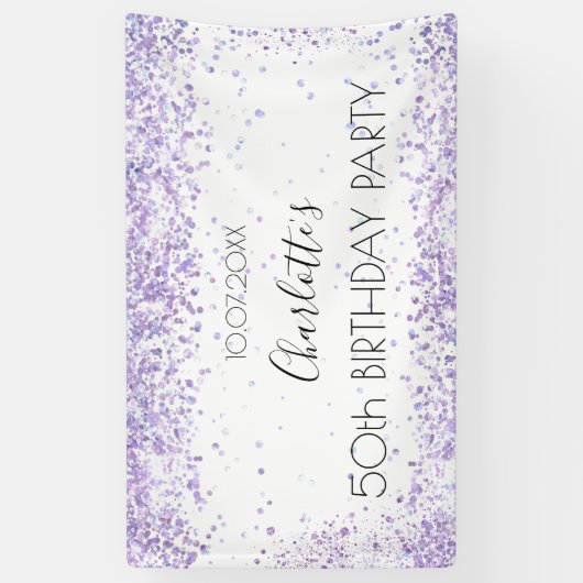 Verjaardagsfeest witte violette lavendelnaam spandoek (Verticaal)