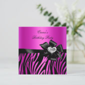 Verjaardagsfeest Zebra Zilver Roze Zwart Kaart (Staand voorkant)