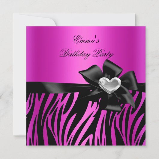 Verjaardagsfeest Zebra Zilver Roze Zwart Kaart (Voorkant)