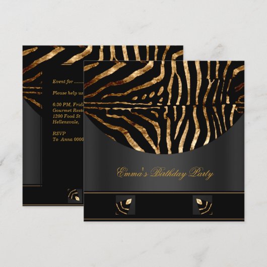Verjaardagsfeest Zebra Zwart Goud Afrika Wild 2 Kaart (Voorkant / Achterkant)