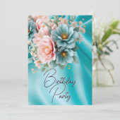 Verjaardagsfeest Zijde Blauwgroen Blush Roze Bloem Kaart (Staand voorkant)