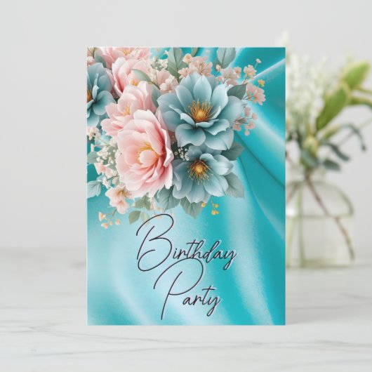 Verjaardagsfeest Zijde Blauwgroen Blush Roze Bloem Kaart (Staand voorkant)