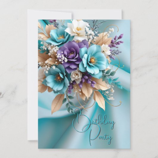  Verjaardagsfeest Zijde Blauwgroen Paarse Bloemen Kaart (Voorkant)