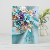  Verjaardagsfeest Zijde Blauwgroen Paarse Bloemen Kaart (Staand voorkant)