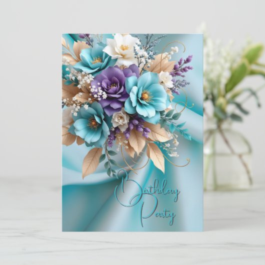  Verjaardagsfeest Zijde Blauwgroen Paarse Bloemen Kaart (Staand voorkant)