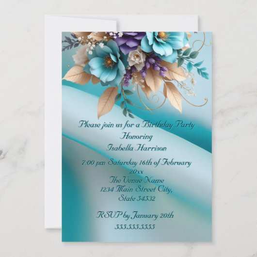 Verjaardagsfeest Zijde Blauwgroen Paarse Bloemen Kaart (Achterkant)