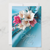 Verjaardagsfeest Zijde Roze en Blauw Witte Bloemen Kaart (Voorkant)