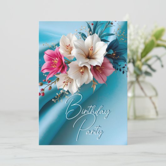 Verjaardagsfeest Zijde Roze en Blauw Witte Bloemen Kaart (Staand voorkant)