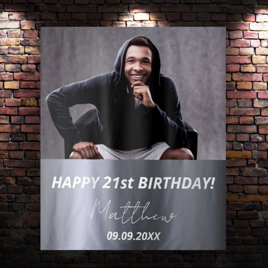 Verjaardagsfeest zilver aangepaste foto naam man wandkleed