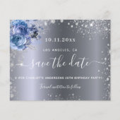 Verjaardagsfeest zilver blauw budget save the date flyer (Voorkant)