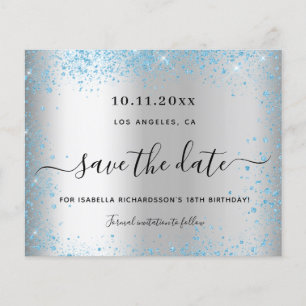 Verjaardagsfeest zilver blauw budget save the date flyer