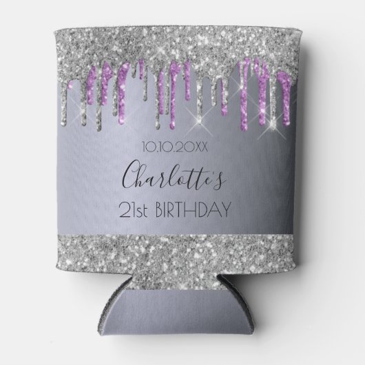 Verjaardagsfeest zilver glitters paars glans glamo blikjeskoeler (Voorkant)