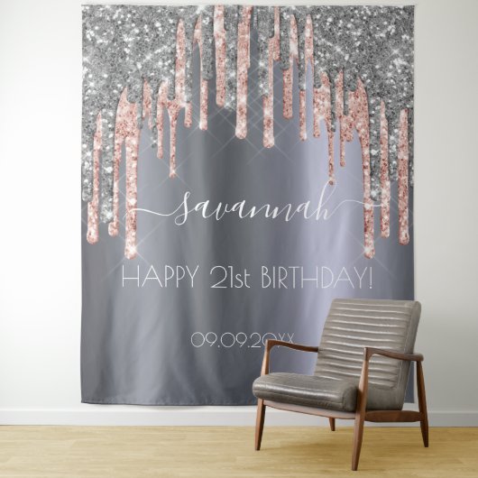 Verjaardagsfeest zilver glitters roze druppels wandkleed (In situ)
