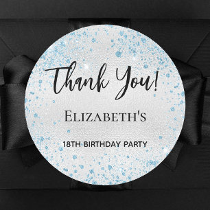 Verjaardagsfeest zilveren blauwe glitter dank u ronde sticker